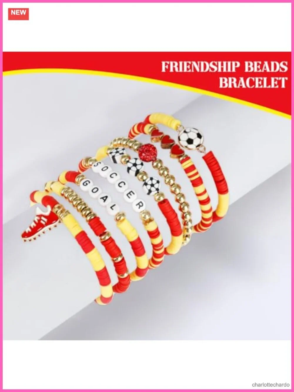 8Pc Soccer Clay Beaded Bracelet Set Stackable Goal Charm Stretch Jewelry